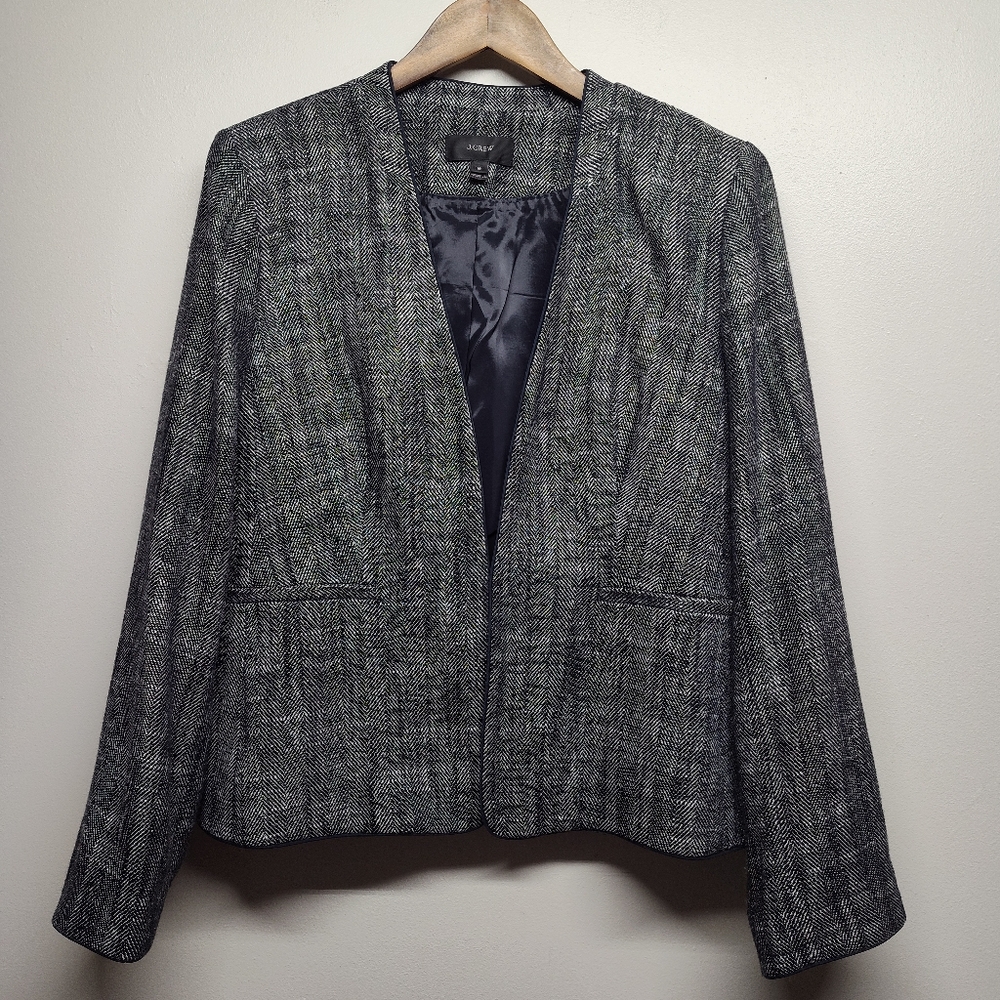 J. Crew Tweed Blazer Jacket Women Size 16 Dark Blue Linen Blend Lined Workwear